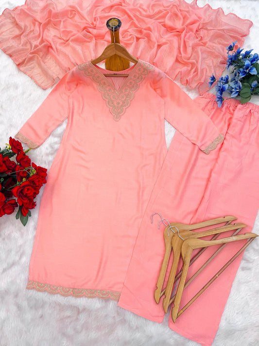 Decent Embroidery Work Light Pink Color Salwar Suit