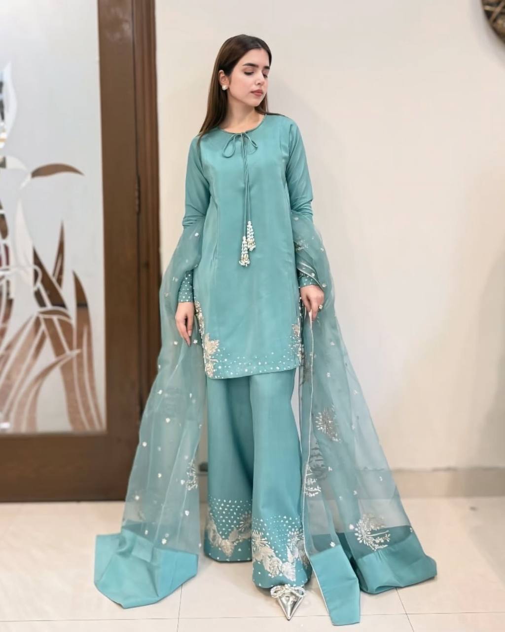 Casual Wear Embroidery Work Sky Blue Palazzo Suit