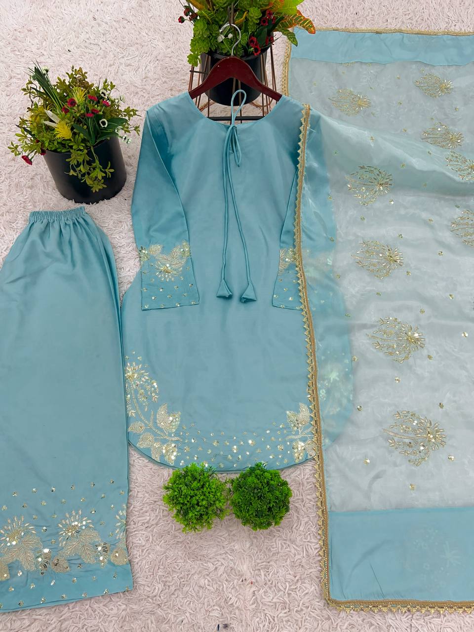 Casual Wear Embroidery Work Sky Blue Palazzo Suit