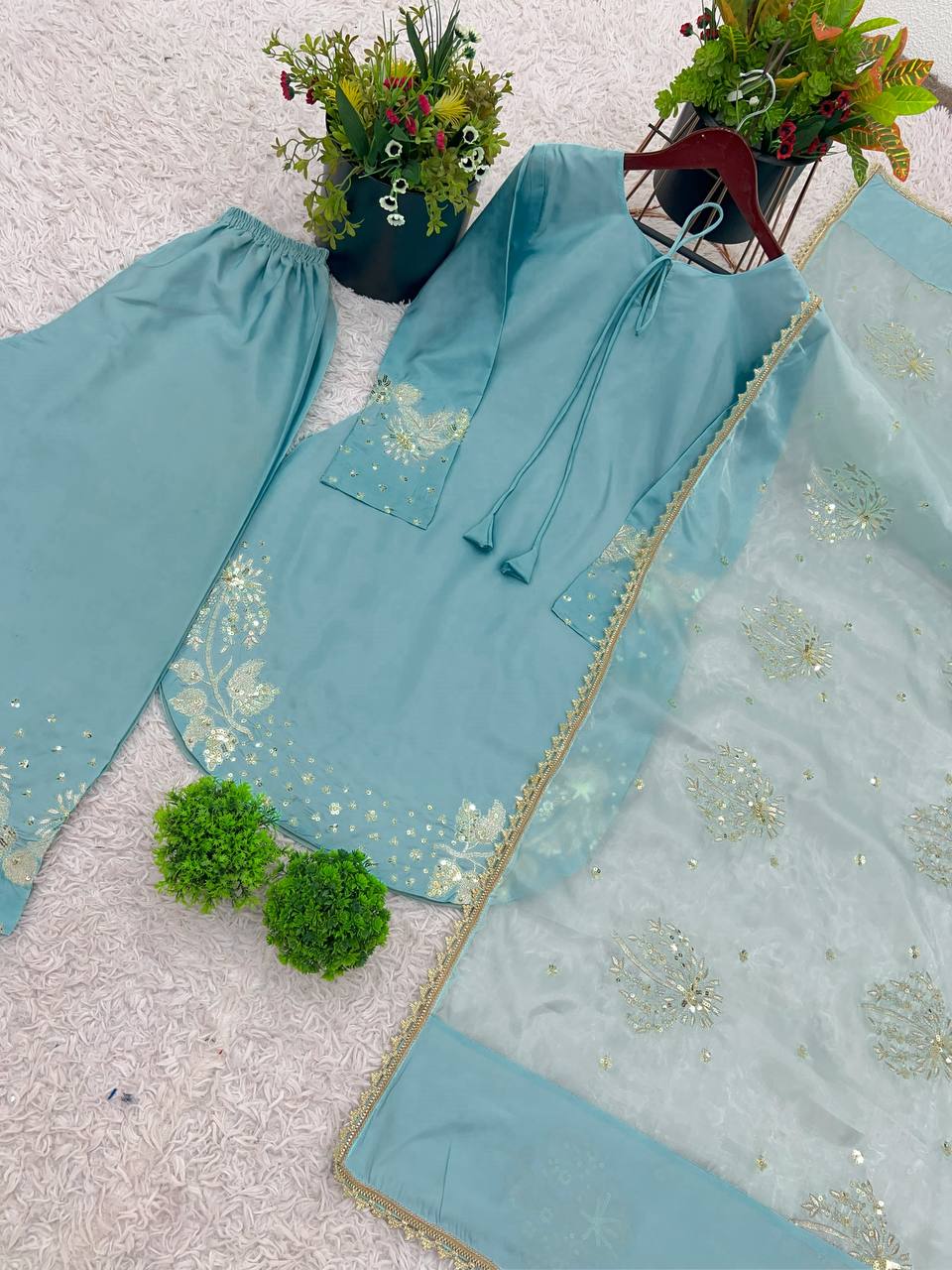 Casual Wear Embroidery Work Sky Blue Palazzo Suit
