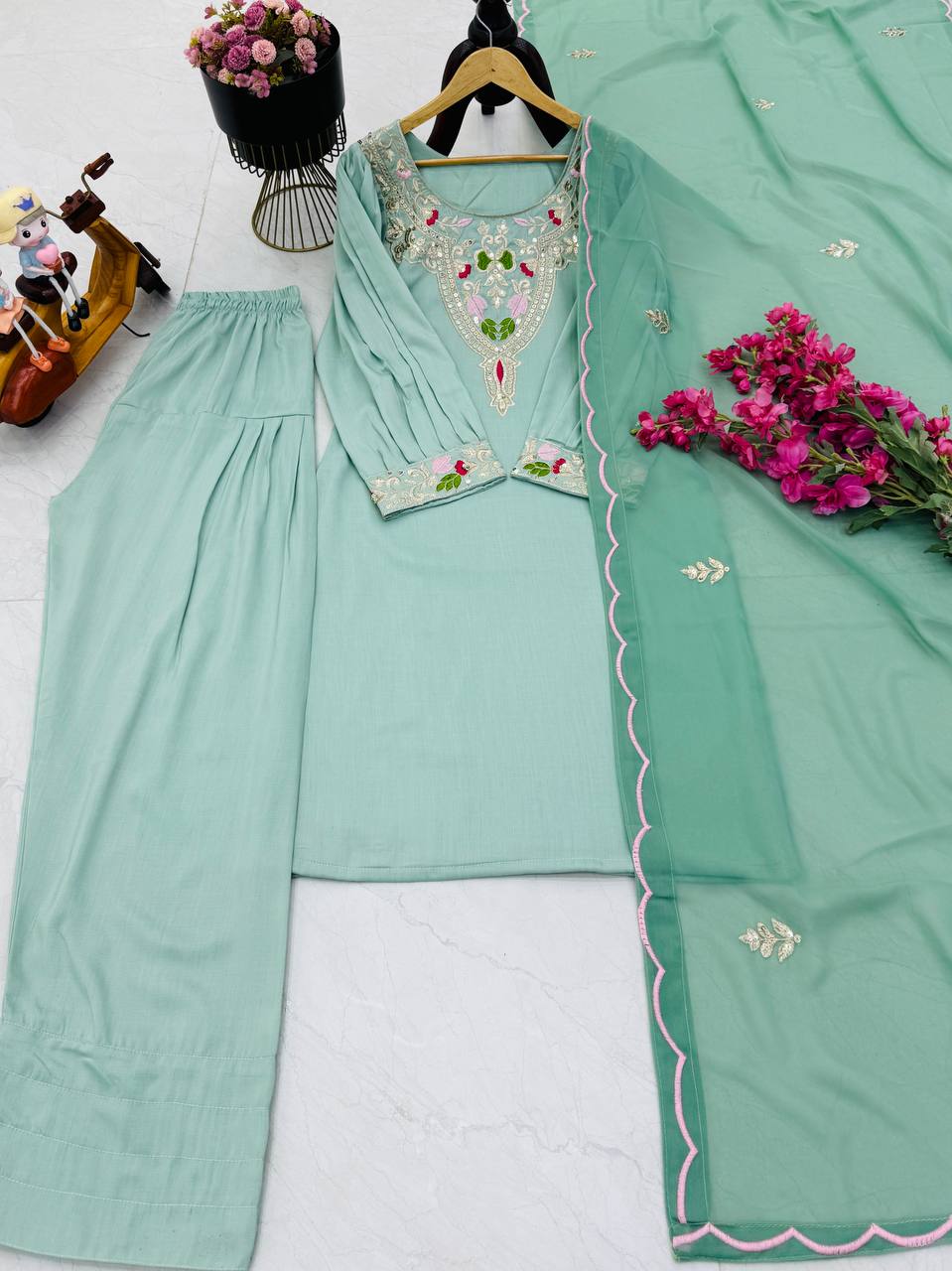 Gorgeous Sequence Work Sky Blue Color Palazzo Suit