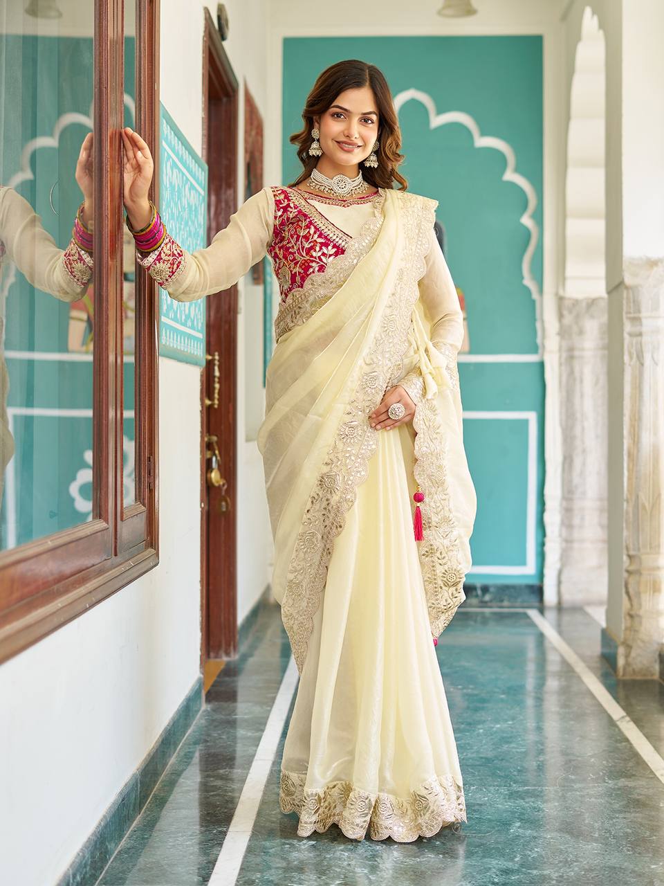 Occasion Wear Gota Pati Work Off White Color Saree With Pink Blouse