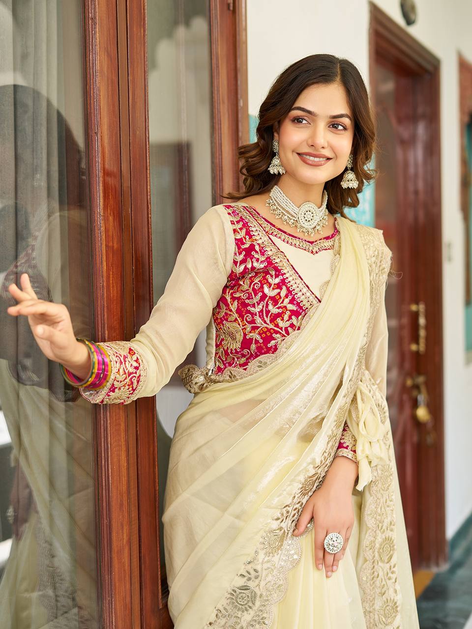 Occasion Wear Gota Pati Work Off White Color Saree With Pink Blouse