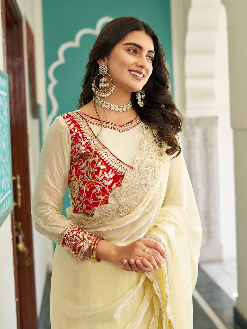 Occasion Wear Gota Pati Work Off White Color Saree With Red Blouse