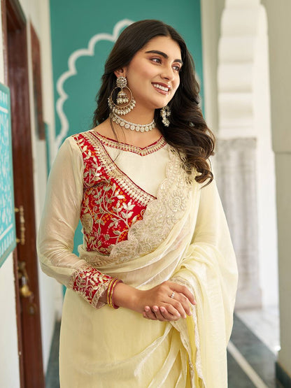 Occasion Wear Gota Pati Work Off White Color Saree With Red Blouse