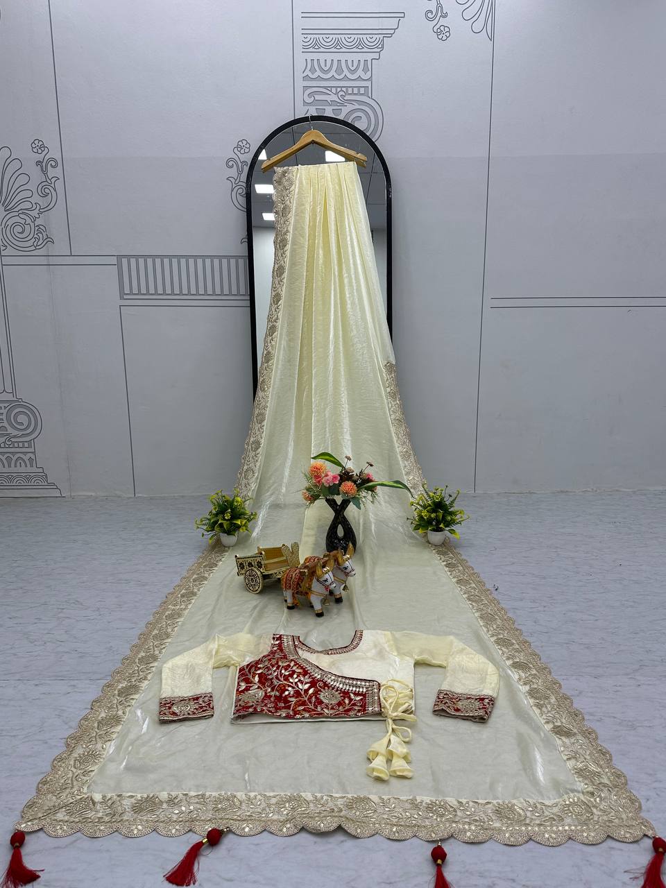 Occasion Wear Gota Pati Work Off White Color Saree With Red Blouse
