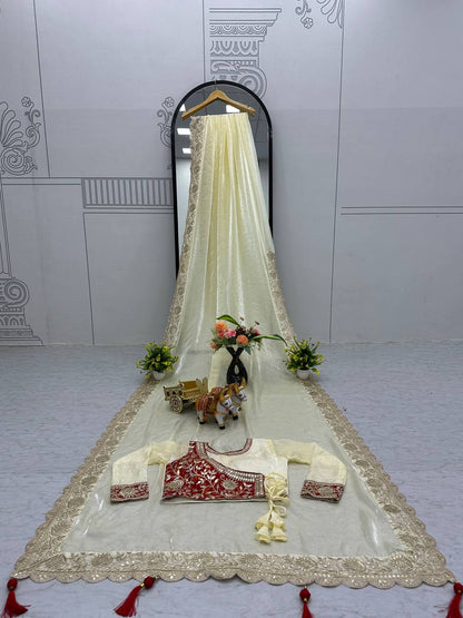 Occasion Wear Gota Pati Work Off White Color Saree With Red Blouse
