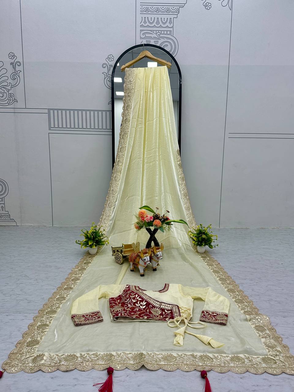 Occasion Wear Gota Pati Work Off White Color Saree With Pink Blouse
