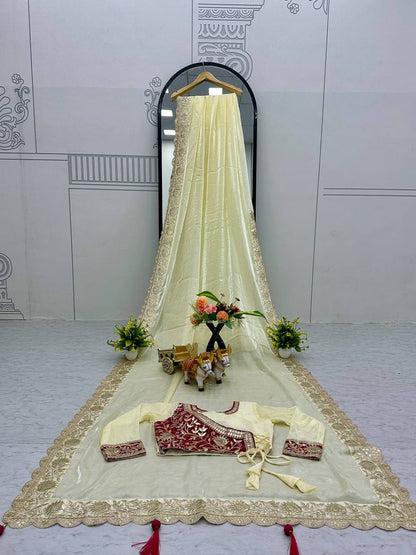 Occasion Wear Gota Pati Work Off White Color Saree With Pink Blouse