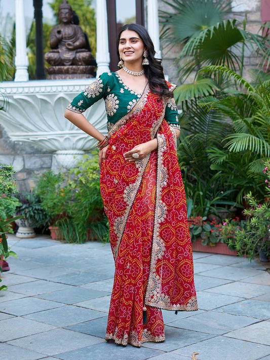 Function Wear Gota Pati Work Red Color Saree