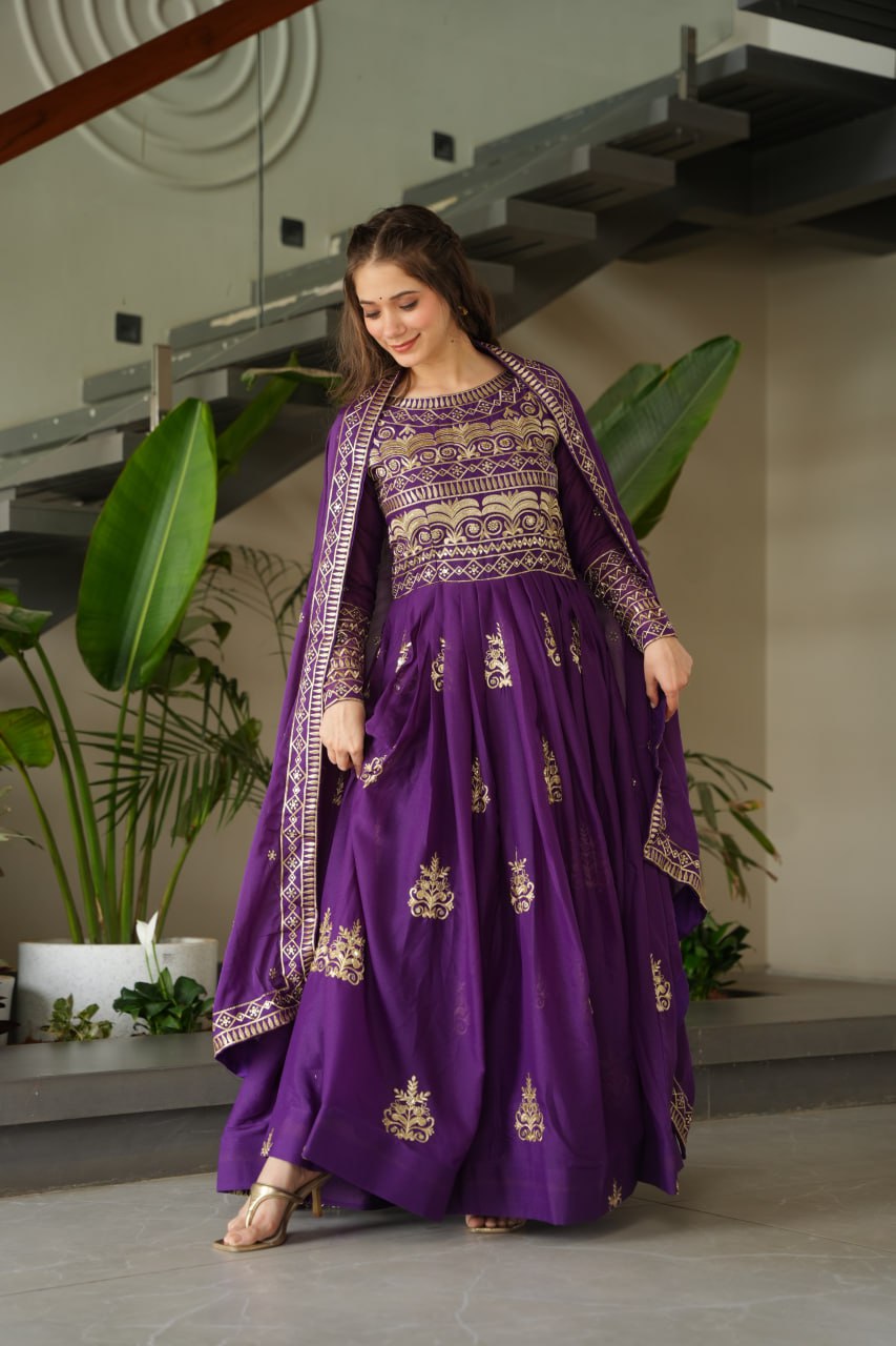 Attractive Embroidery Work Purple Color Gown