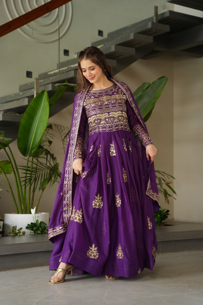 Attractive Embroidery Work Purple Color Gown