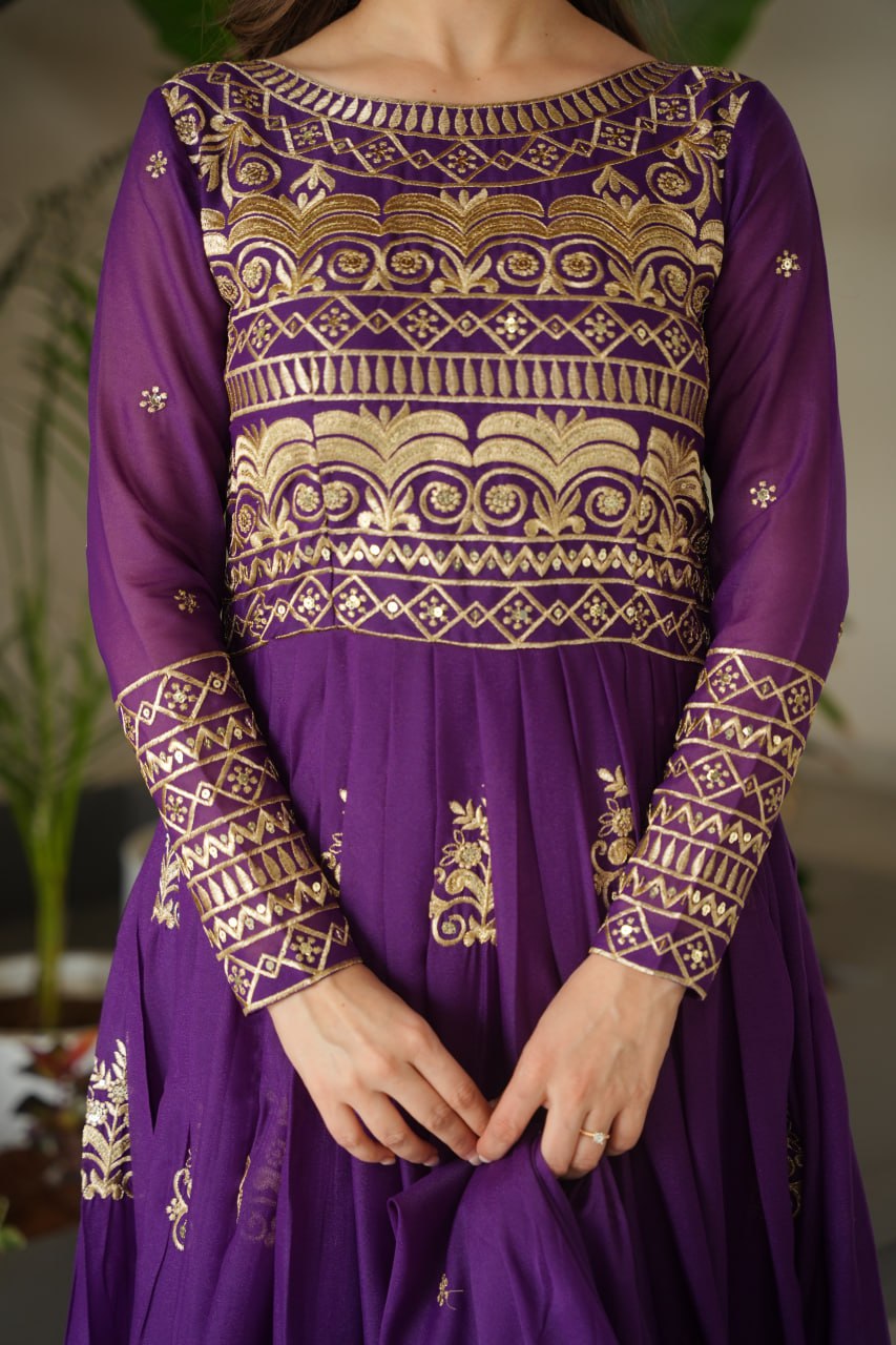 Attractive Embroidery Work Purple Color Gown