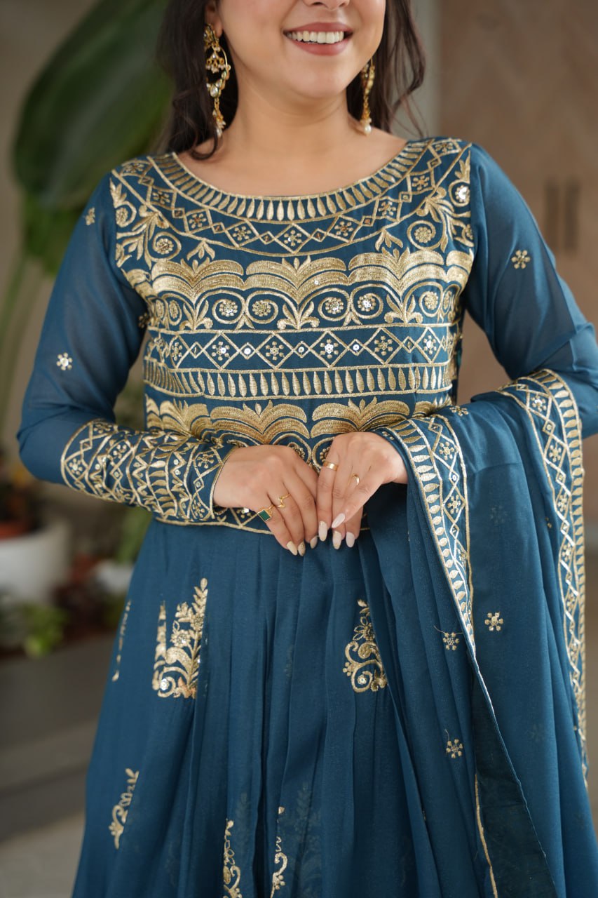 Attractive Embroidery Work Rama Color Gown