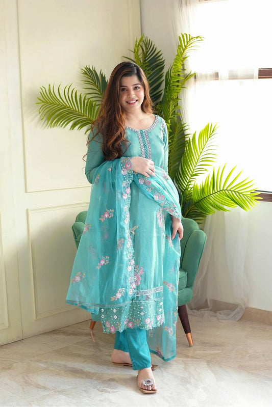 Elegant Embroidery Work Sky Blue Color Salwar Suit