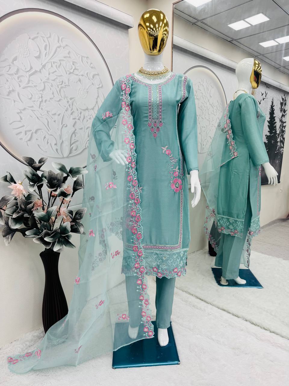 Elegant Embroidery Work Sky Blue Color Salwar Suit