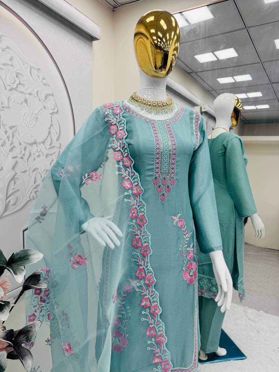 Elegant Embroidery Work Sky Blue Color Salwar Suit