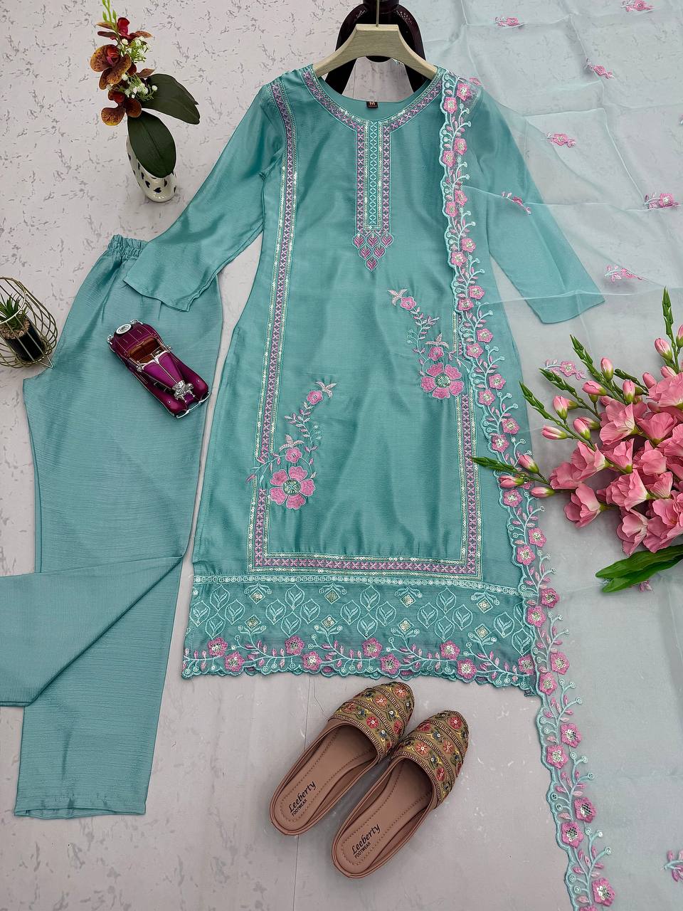 Elegant Embroidery Work Sky Blue Color Salwar Suit