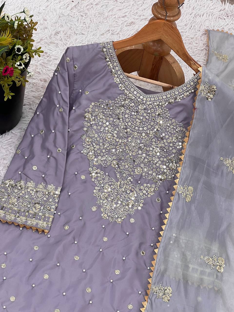 Fantastic Embroidery Work Lavender Color Sharara Suit