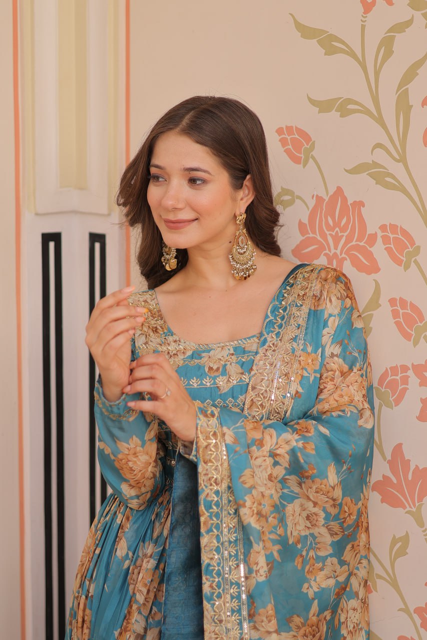 Captivating Flower Print Sky Blue Color Long Gown