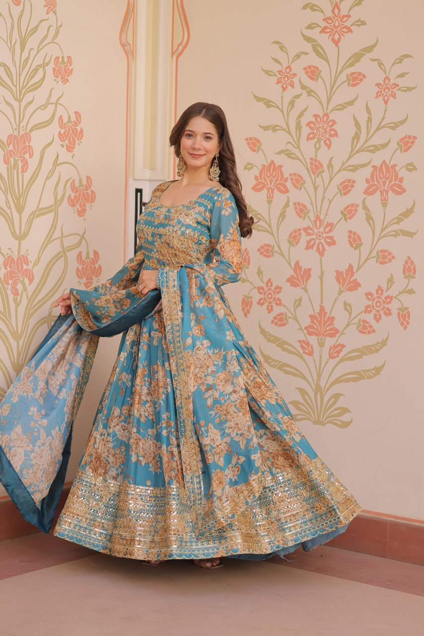 Captivating Flower Print Sky Blue Color Long Gown