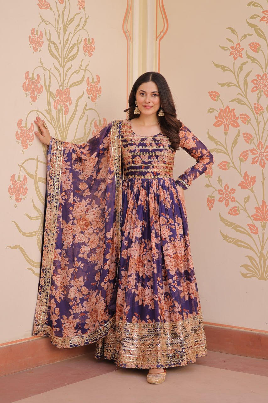 Captivating Flower Print Purple Color Long Gown