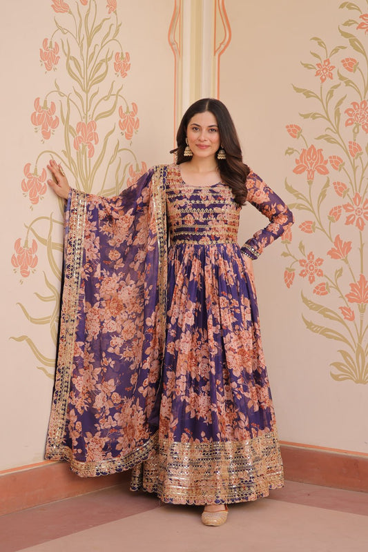 Captivating Flower Print Purple Color Long Gown