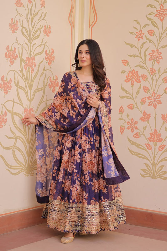 Captivating Flower Print Purple Color Long Gown