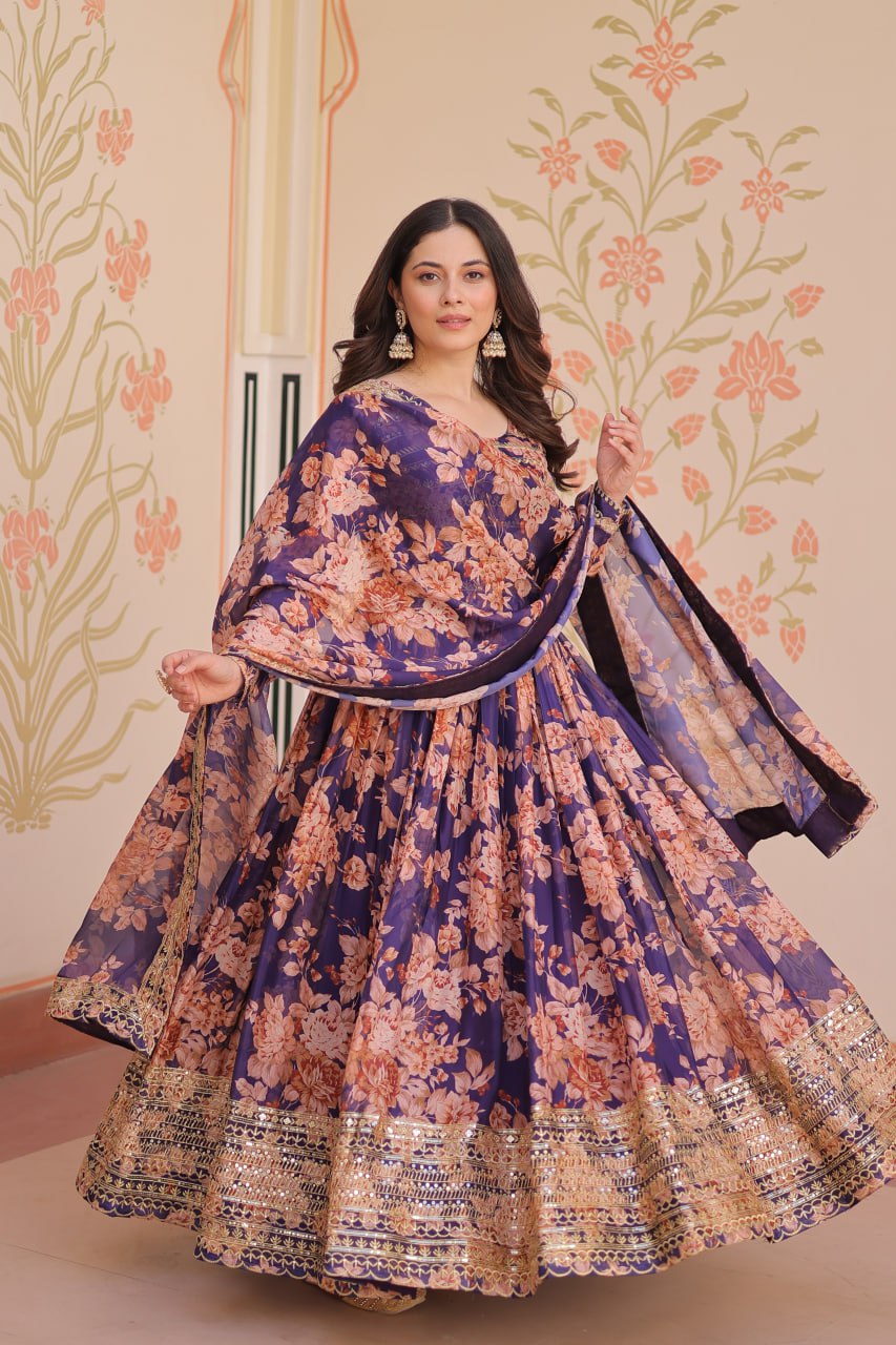 Captivating Flower Print Purple Color Long Gown