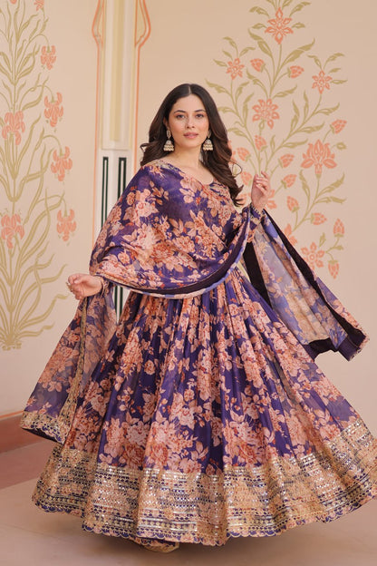 Captivating Flower Print Purple Color Long Gown