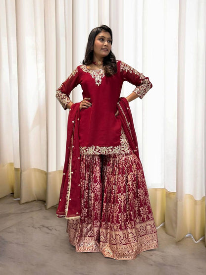 Designer Heavy Work Red Color Sharara Suit