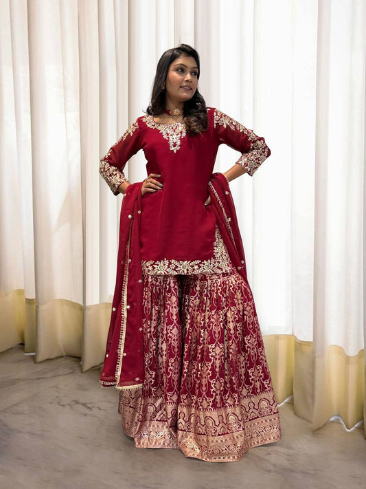 Designer Heavy Work Red Color Sharara Suit
