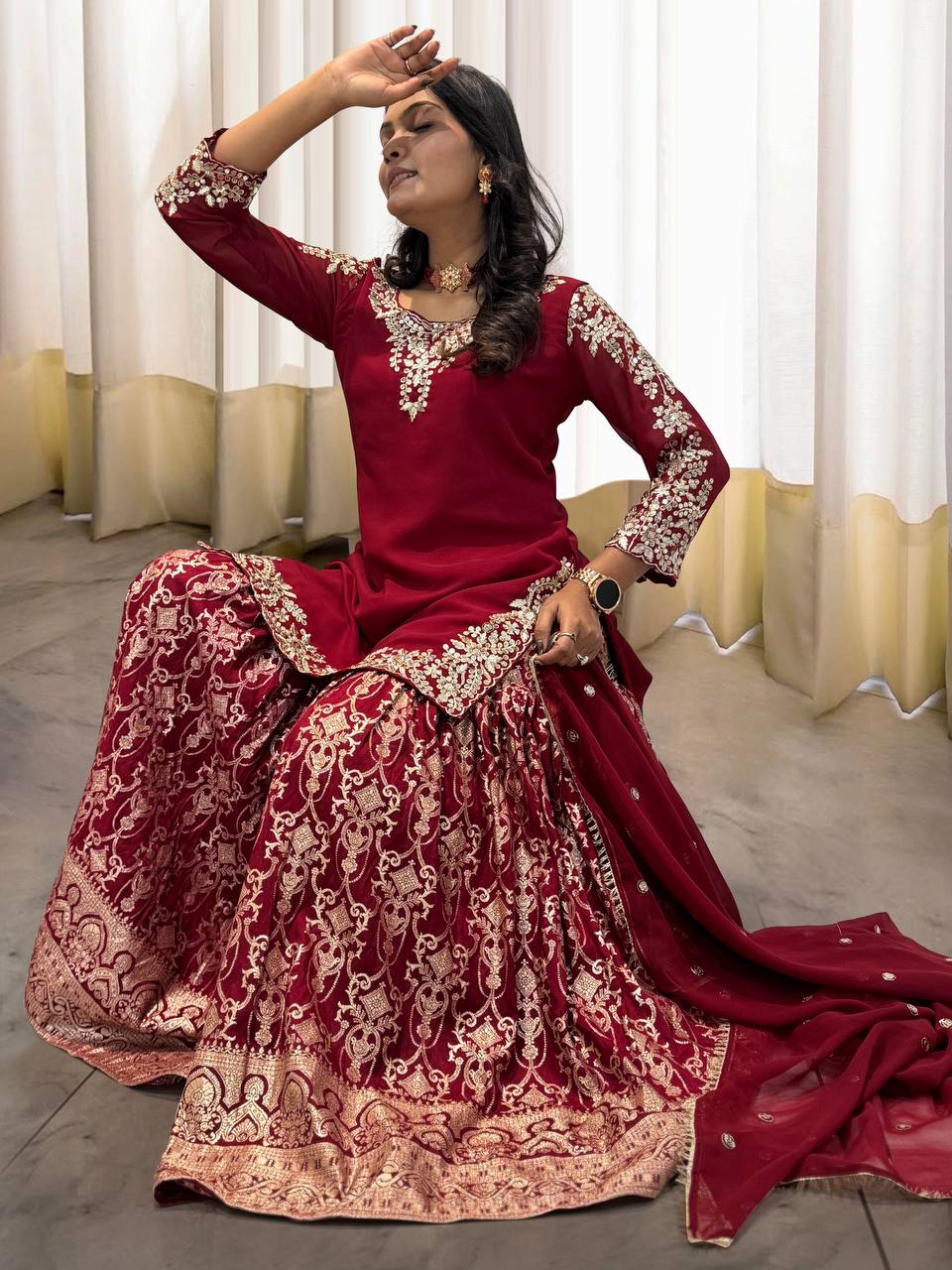 Designer Heavy Work Red Color Sharara Suit