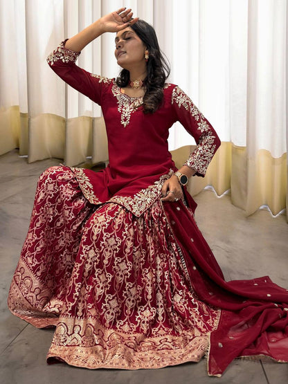Designer Heavy Work Red Color Sharara Suit