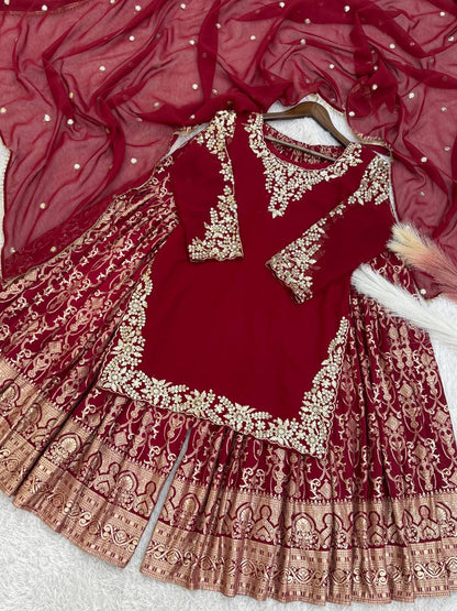 Designer Heavy Work Red Color Sharara Suit