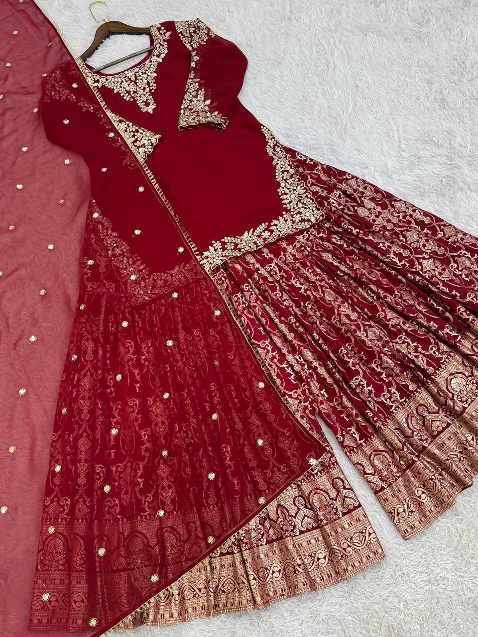 Designer Heavy Work Red Color Sharara Suit