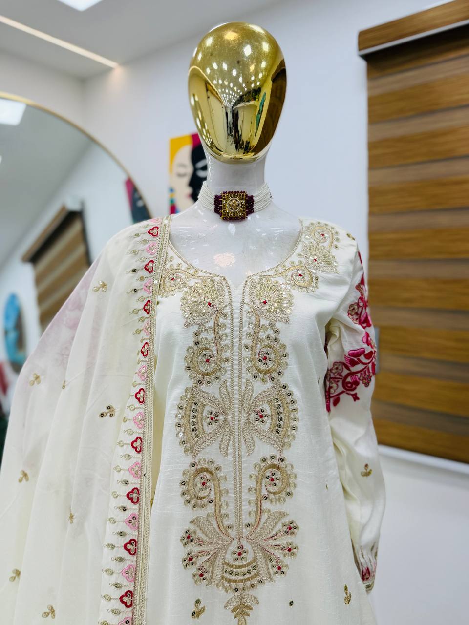 Function Wear Heavy Work White Color Sharara Suit