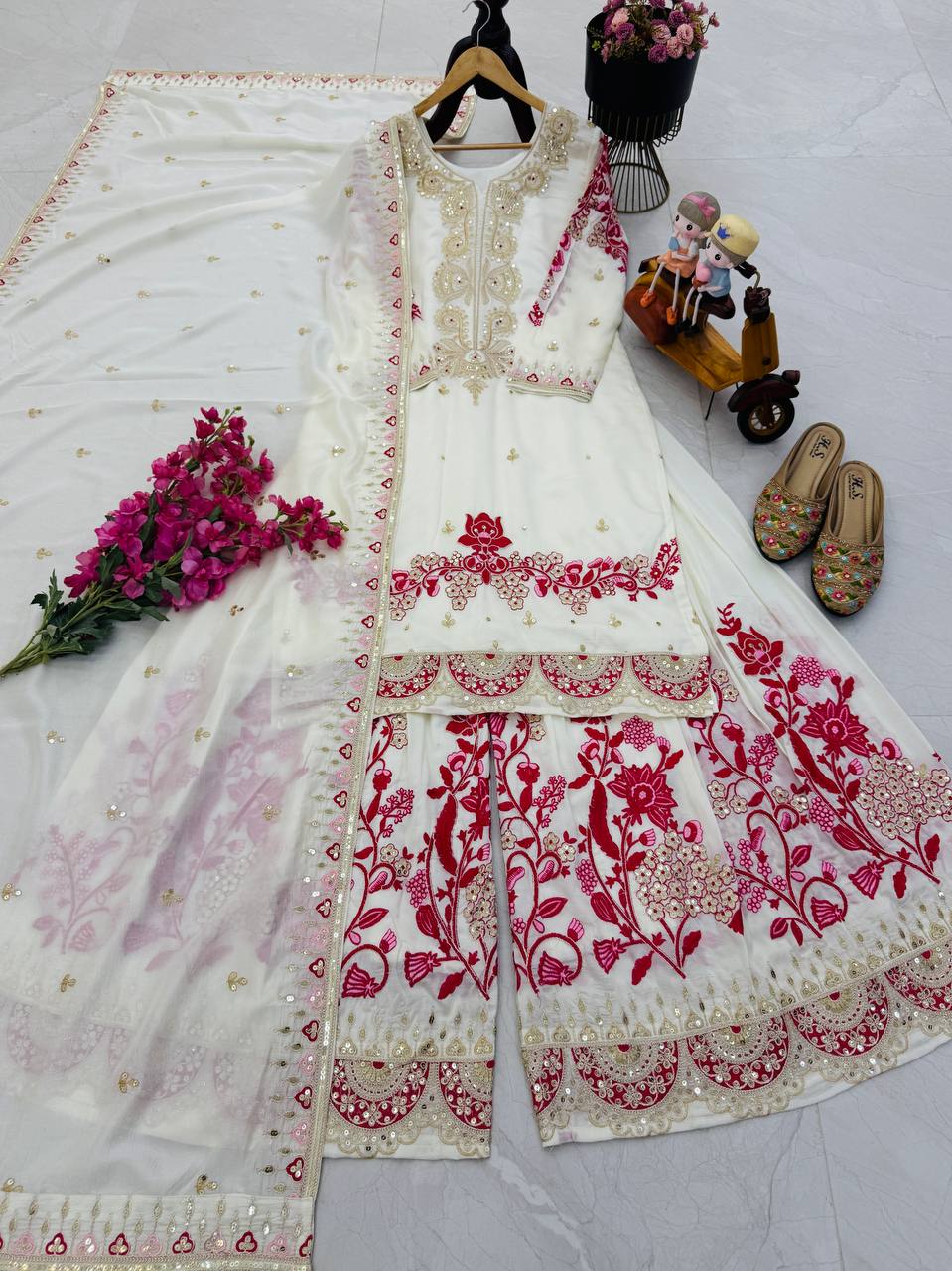 Function Wear Heavy Work White Color Sharara Suit