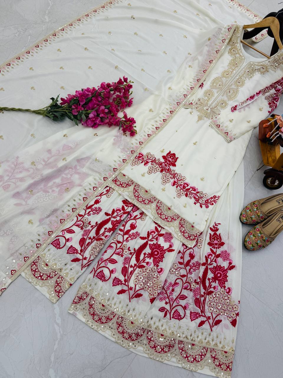 Function Wear Heavy Work White Color Sharara Suit