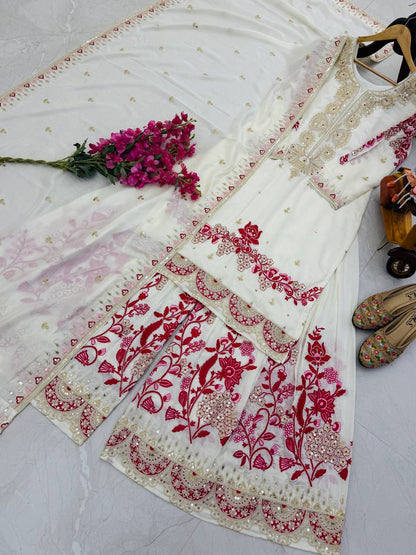Function Wear Heavy Work White Color Sharara Suit
