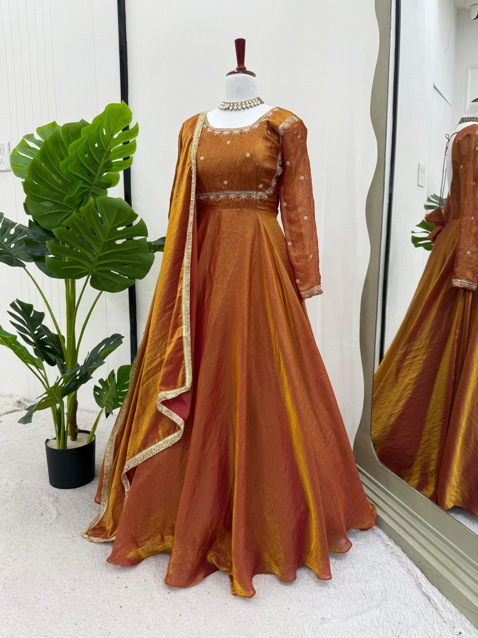 Elegant Fandy Silk Brown Color Gown