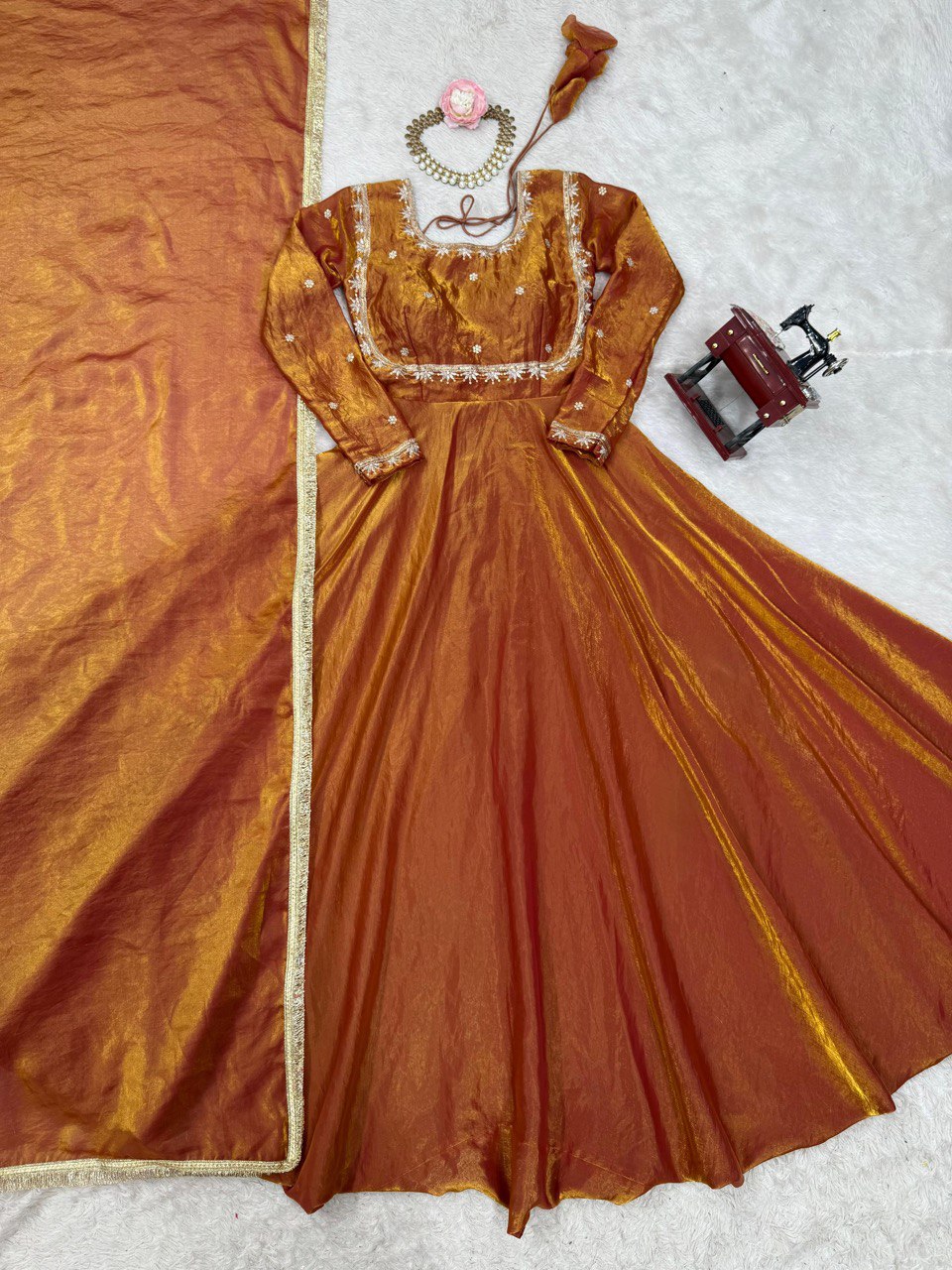 Elegant Fandy Silk Brown Color Gown