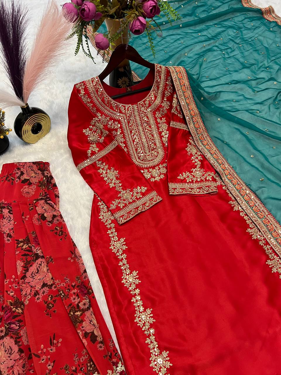 Designer Embroidery Work Red Color Patiala Suit