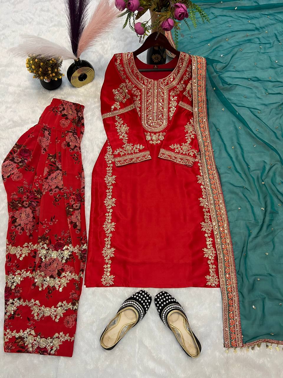 Designer Embroidery Work Red Color Patiala Suit