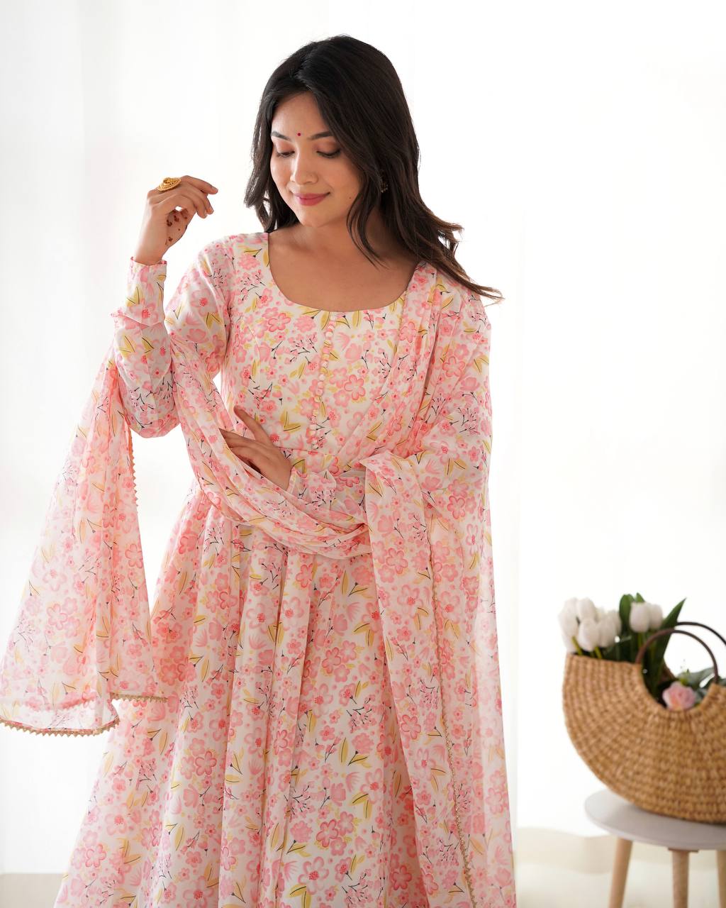 Gorgeous Floral Print Peach Color Anarkali Suit