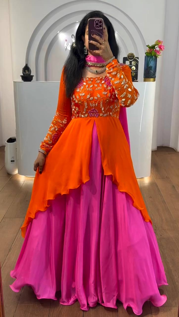 Blissful Pink With Orange Color Double Layer Anarkali Gown