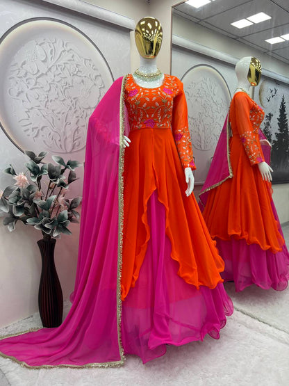 Blissful Pink With Orange Color Double Layer Anarkali Gown