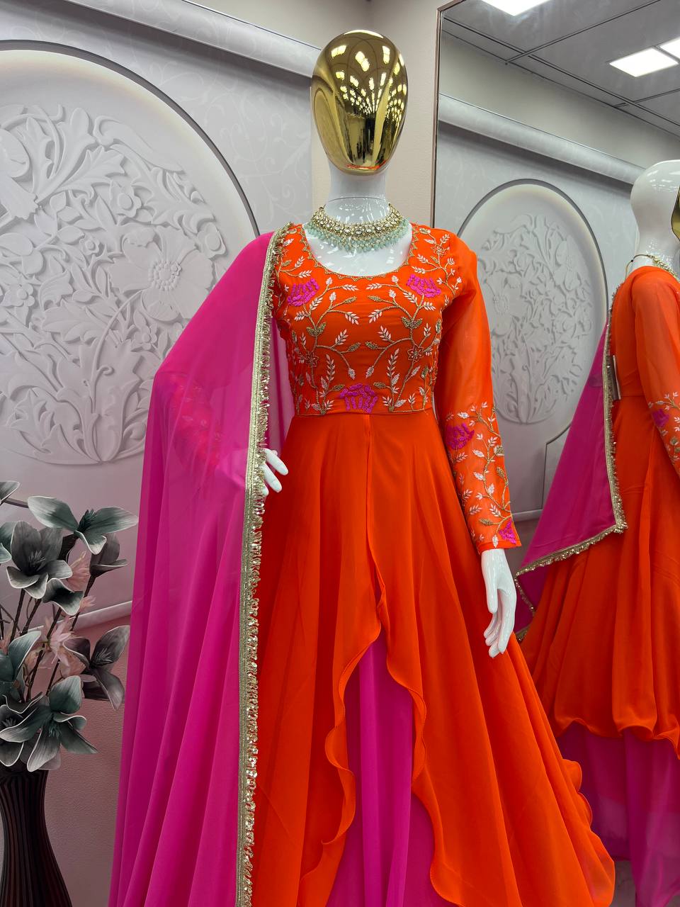 Blissful Pink With Orange Color Double Layer Anarkali Gown