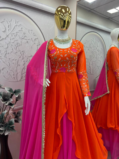 Blissful Pink With Orange Color Double Layer Anarkali Gown