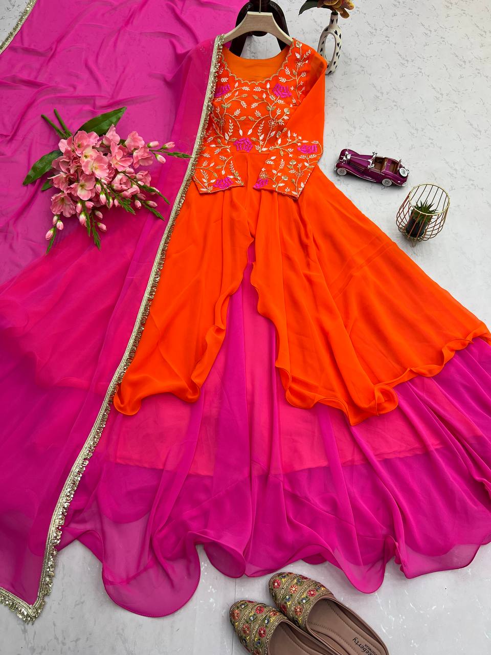 Blissful Pink With Orange Color Double Layer Anarkali Gown
